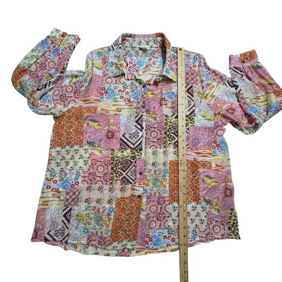 POL Patchwork Button Front Boho Blouse Womens Small Relaxed Flowy Mixed Print - Picture 7 of 9